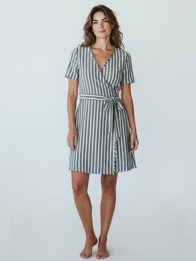 Susina Surplice Faux Wrap Dress // Gray Stripe // XS